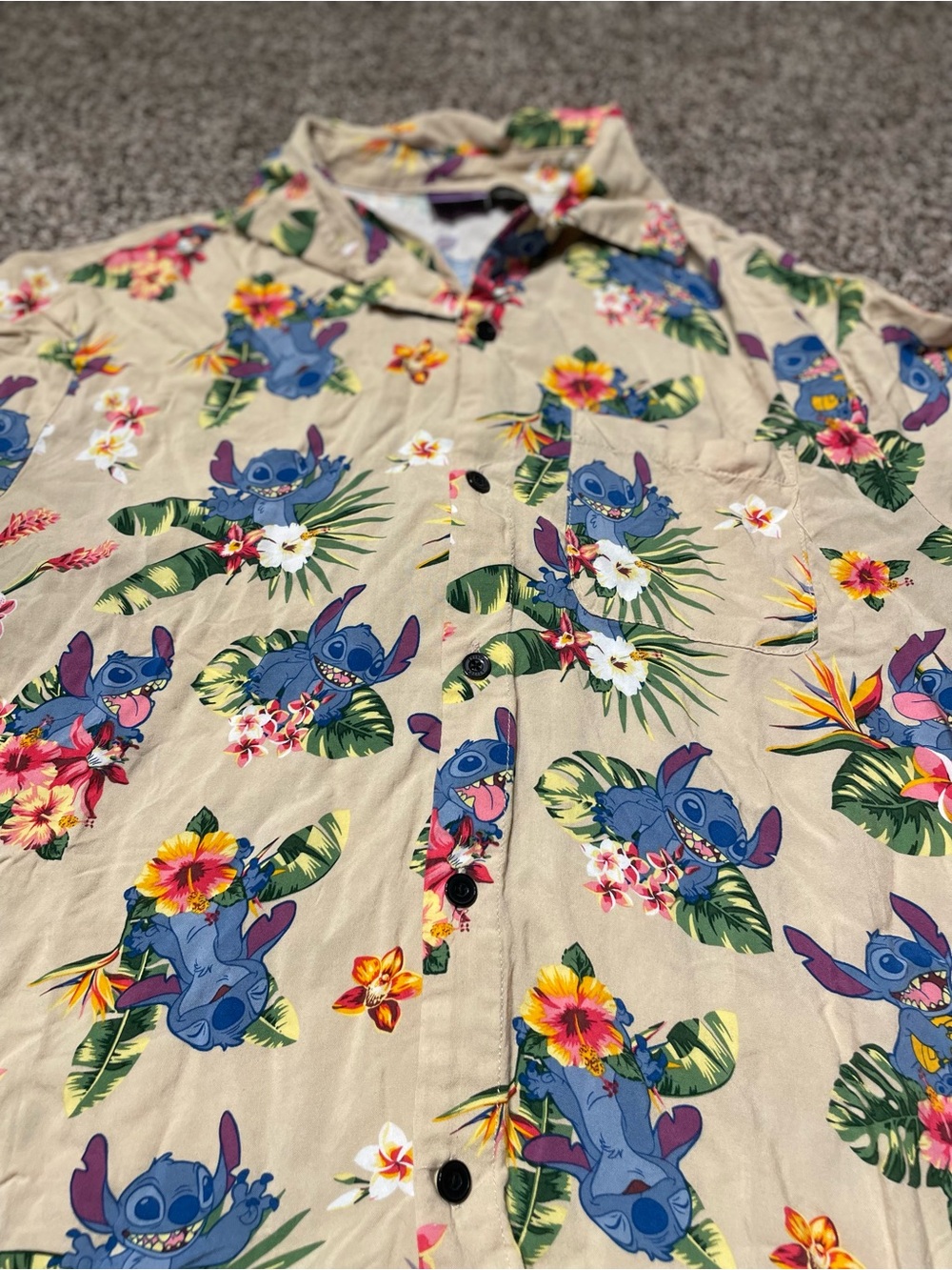 Disney Beige Hawaiian Button-Down Shirt with Blue Stitch Print - Picture 2 of 4